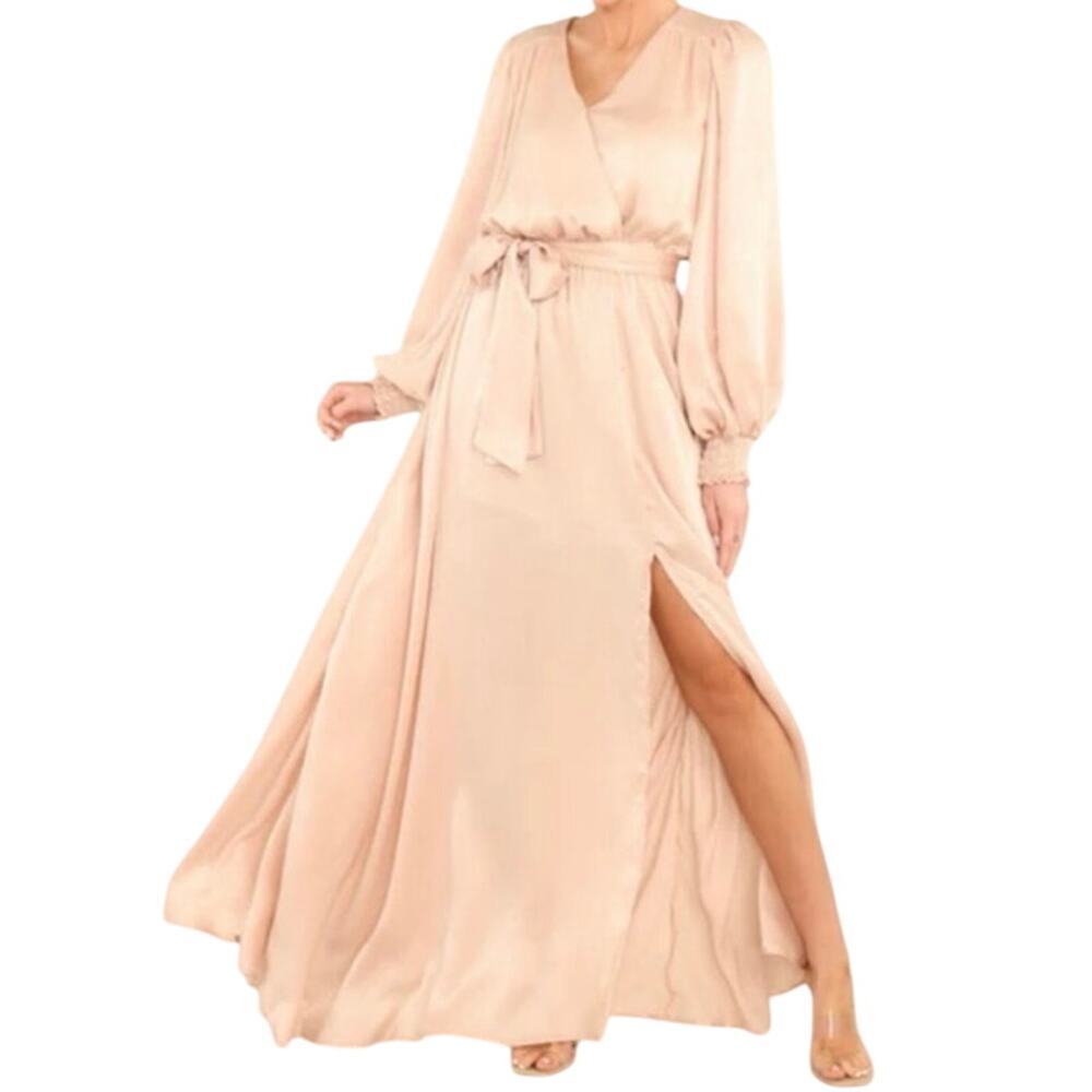AURA Women Puff Sleeve Maxi Dress Cream Satin V-Neck Cocktail Formal Belted M